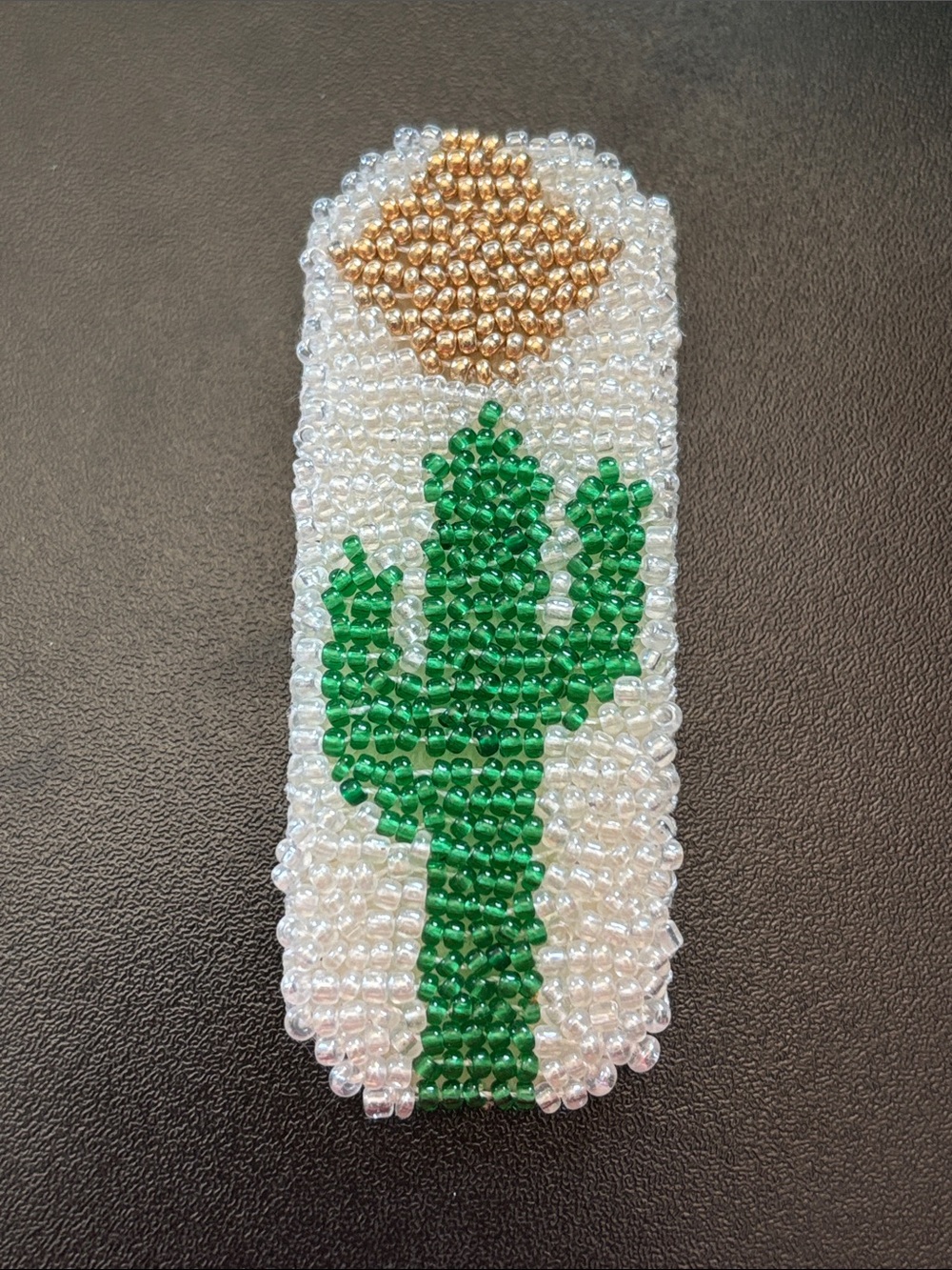 Hand Crafted Green Cactus Beaded Brooch with Gold Sun